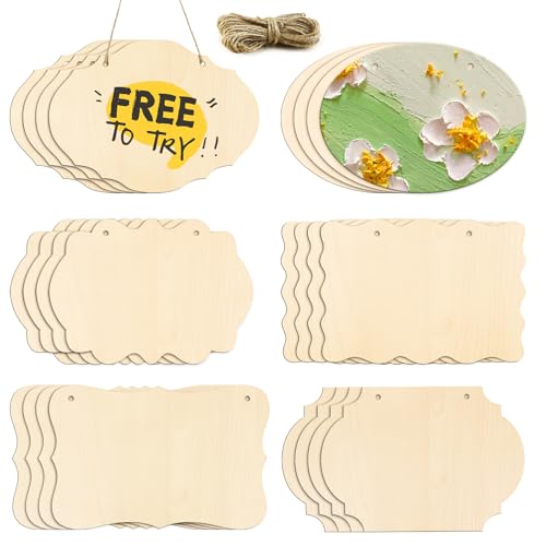 FSWCCK 24 Pieces Unfinished Hanging Wood Sign Blank with Ropes, Rectangle Blank Wood Sign Plain Hanging Craft Door Signs Wall Art Farmhouse Wooden Sign for Door Wall Art Decoration (6 Style)