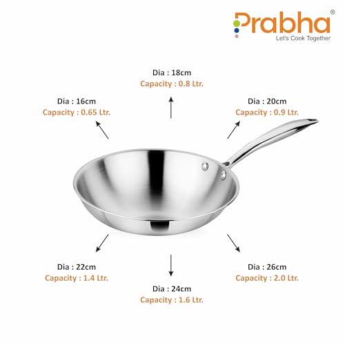 Image of Prabha Stainless Steel Fry Pan Without Lid, Kitchen Fry Pan, Tri-Ply Layer, 16cm, 0.65L Capacity, Induction and Gas Stove Suitable