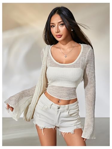 MakeMeChic Women's Knit Tops Bell Sleeve Scoop Neck Sheer Sweater Y2k Crop Tops4
