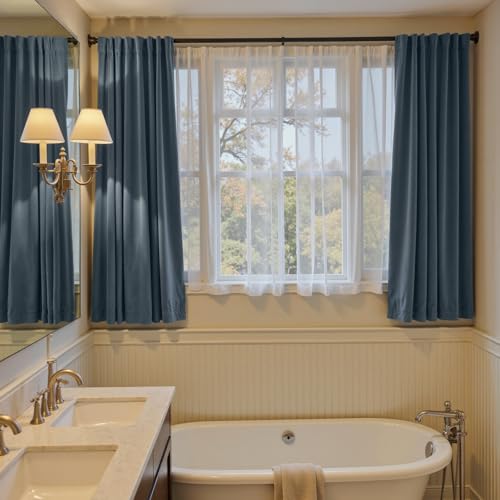 Image of Blackout Dark Slate Velvet Curtains Rod Pocket 52x63 Inch 2 Panels | Soft Velvet, For Small Windows, Kitchens & Bathrooms, Light Shifting Texture, Elegant Drape, Serene, Fresh
