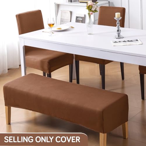 Image of HOKIPO 'SereneSolids' 140 GSM Polyester Blend Cover Set for 4 Dining Chairs + 1 Dining Bench, Brown (AR-6282-BR)