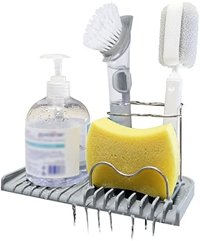 Gosmol sponge holder for kitchen sink caddy accessories gadgets, dish soap brush holder for kitchen sink organizer, soap tray holder Drainer Rack for bathroom on Countertop essentials Gray