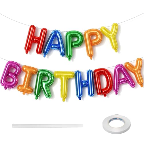 Image of 16 Inch Happy Birthday Banner Balloon, Rainbow Happy Birthday Letters Foil Balloons, Self Inflating Multicolor HBD Balloons Bunting for Kids Girls Boys Colorful Bday Party Decorations