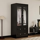 TrendTerrace Wooden Armoire Wardrobe Closet：Modern Armoire Wardrobe Closet with 2 Glass Doors, 2 Drawers and Hanging Rods, Large Capacity Clothes Storage Cabinet for Bedroom Home, Black