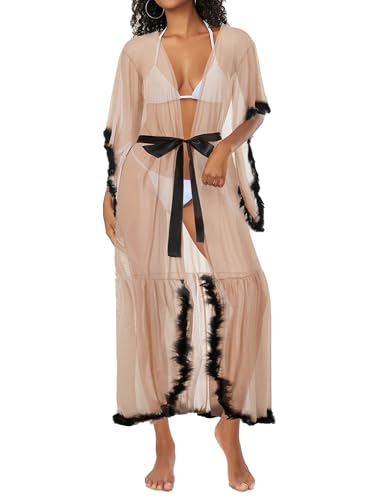 Sexy outfit Damska przezroczysta siatkowa szata z piórkowym wykończeniem Seksowna prześwitująca bielizna Sukienka z satynowym paskiem na miesiąc miodowy i walentynki
