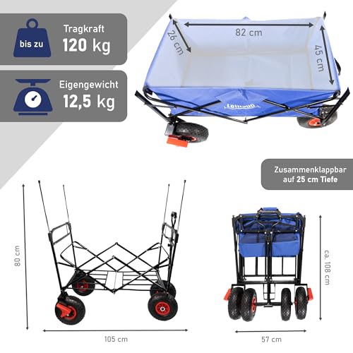 LEMODO Bollerwagen faltbar blau mit Dach, Handwagen mit Luftreifen, Leiterwagen mit 120 kg Tragkraft, Faltbollerwagen mit 2 Bremsen, Transportwagen für Hunde und Utensilien – Bild 7