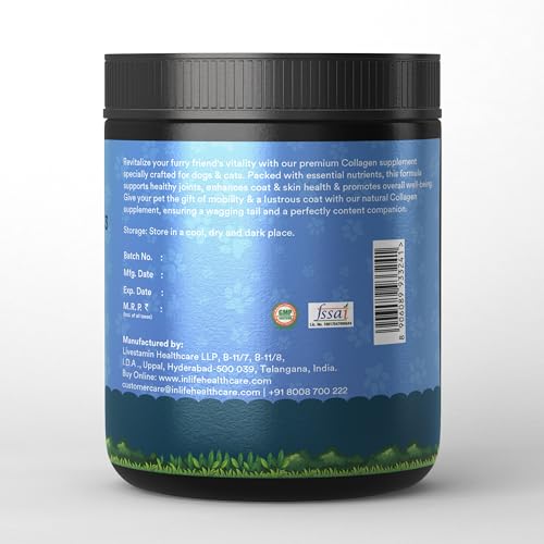 Image of INLIFE Collagen for Dogs & Cats | Hydrolysed Collagen Powder | Clinically Proven Ingredient with Biotin, Vitamin C, Hyaluronic Acid & Glucosamine | Pet Supplement (Blueberry)