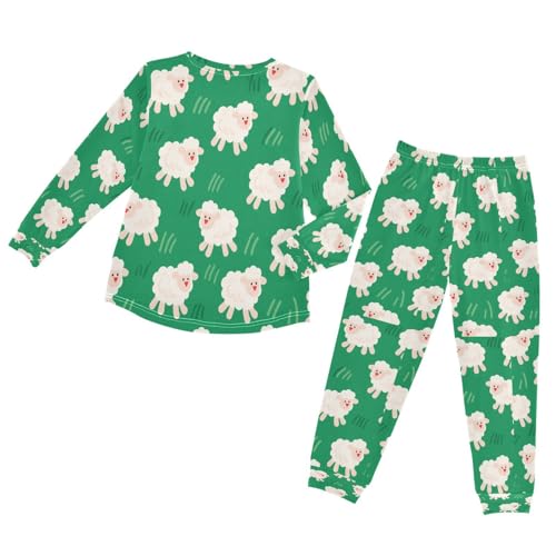 Little Sheep Green Soft Pajama Set for All Seasons,Breathable Pjs Long Sleeve Sleepwear,Comfy Loungewear 2 Piece Underwear Set 8T2