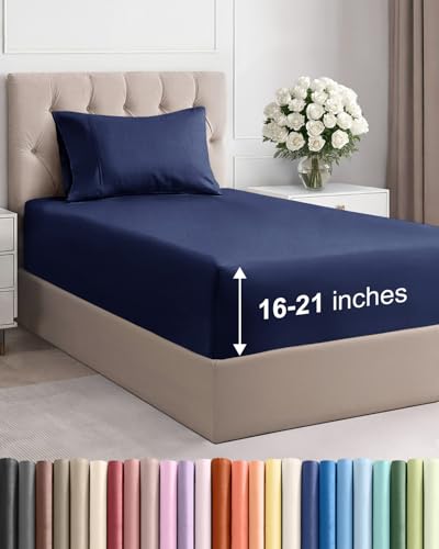 Image of Extra Deep Pocket Twin Size Sheet Set - 3 Piece Breathable & Cooling Bed Sheets - Hotel Luxury Bedding with 16 to 21 inch Extra Deep Pockets - Soft, Fade and Wrinkle Resistant - Oeko-Tex - Navy Blue