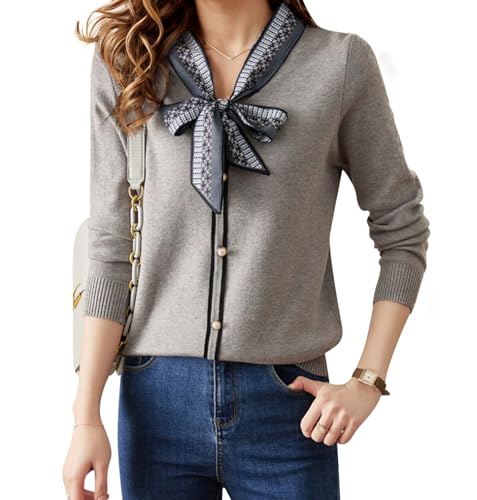 LAI MENG FIVE CATS Women's Vintage Tie Neck Sweater Knit Shirt Long Sleeve Tunic Pullover Blouse Tops