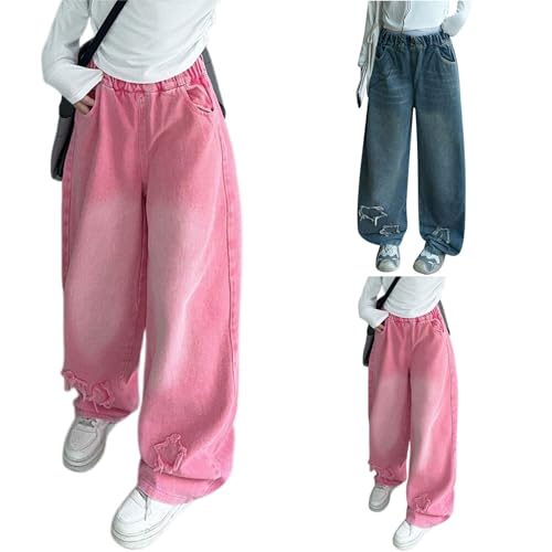 Girl Baggy Jeans Elastic Waisted Wide Leg Loose Casual Denim Pants with Star Embroidered Cute Pants for Tween Girls