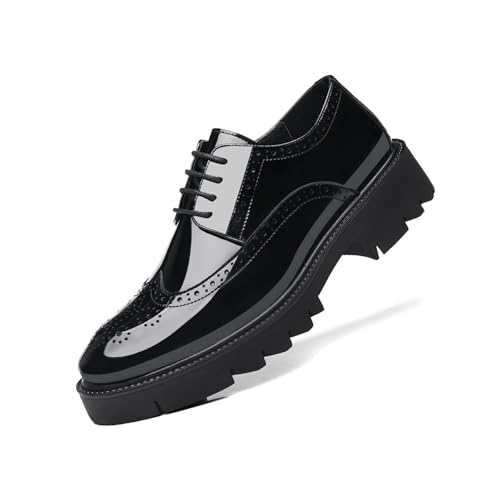 Men Patent Leather Platform Wingtip Oxfords Chunky Heel Round Toe Lug Sole Dress Shoes for Wedding Party