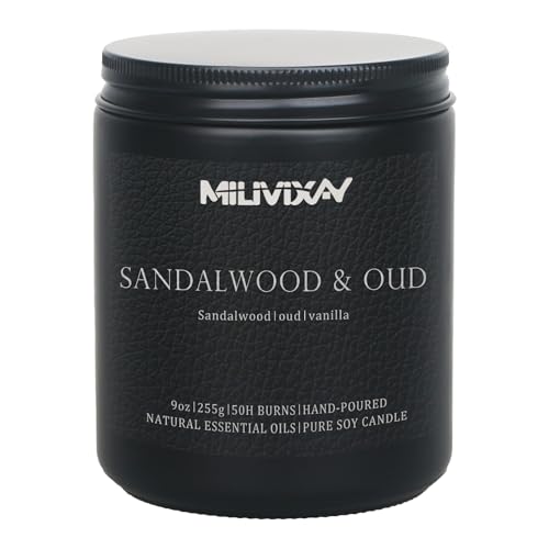 MILIVIXAY Candle for Men Sandalwood & Oud Scented Classic 9oz Jar Single Wick Candle Soy Wax Candles for Consistent Burn Over 50 Hours of Burn Time Ideal for Creating Relaxing & Holiday Gifting.