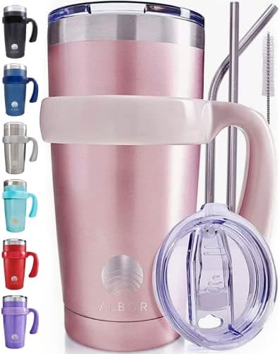 ALBOR Insulated Tumbler with Lid and Straw - 20 oz Insulated Coffee Mug with Handle, Travel Coffee Mug with 2 Lids, 2 Metal Straw, Brush and Storage Bag, Glitter Rose Gold