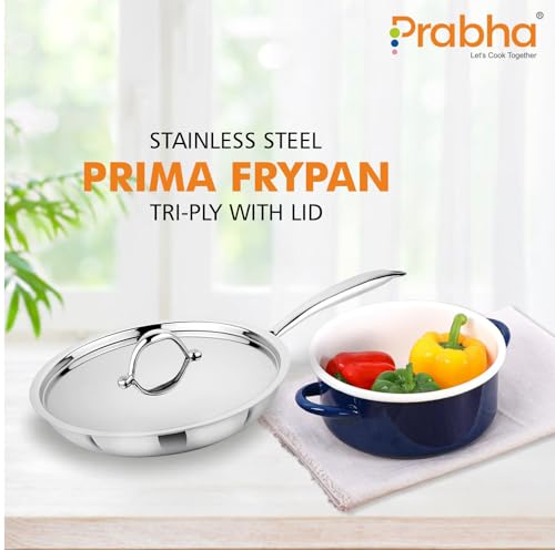 Image of Prabha Stainless Steel Fry Pan with Lid, Kitchen Fry Pan, Tri-Ply Layer Coating, 24cm, 1.6L Capacity, Induction and Gas Stove Suitable