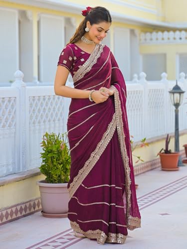 Image of Satrani Women's Shimmer Chiffon Scalloped Border Sequins Embroidery Saree with Unstitched Blouse Piece