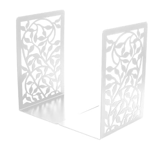Buchstützen Set Metall Weiß – Buchstütze Buchständer rutschfeste L-förmige Buchhalter mit dekorativem Design – Bücherregal Organizer für Zuhause, Büro, Geschenk