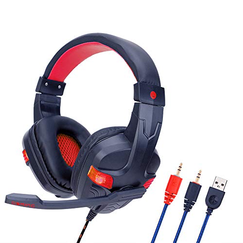 TEEKAR - Auriculares para juegos para PS4, auriculares estéreo con micrófono omnidireccional, auriculares de PC ligeros ajustables con conector de 3,5 mm, luces LED, orejeras transpirables para juegos