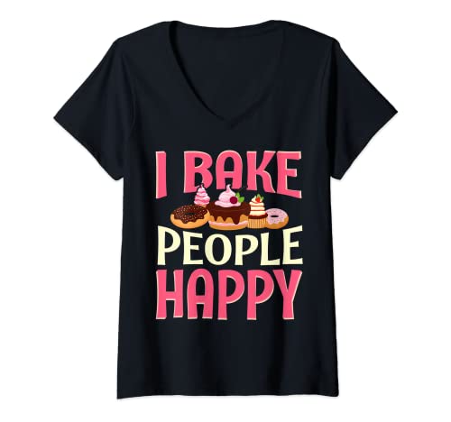 Mujer I Bake People Happy Funny Baking Cake Panadero Mujeres Hombres Niñas Camiseta Cuello V