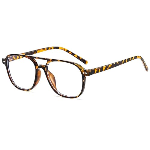 Long Keeper Vintage Blue Light Glasses Men Retro Pilot Sunglasses For Women 70s Double Bridge Classic Computer Glasses (Leopard Clear)