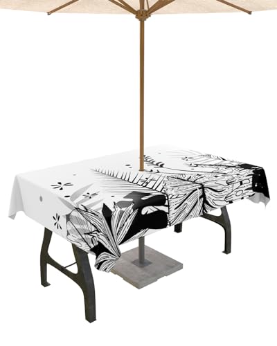 Boho Floral Botanical Outdoor Tablecloths with Umbrella Hole and Zipper, Waterproof/Stain Resistant Rectangle Table Cloth 60x120 Patio Table Cover for Picnic Modern Abstract Bohemian Flowers Leaves
