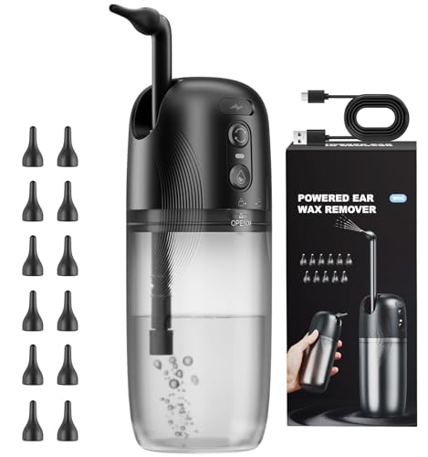 Electric Ear Wax Removal, Ear Cleaning Kit, Water Powered Ear Cleaner with 3 Pressure Modes 12 Replacement Tips, Ear Irrigation Flushing System, Safe and Effective Ear Wax Removal Tool (Black)