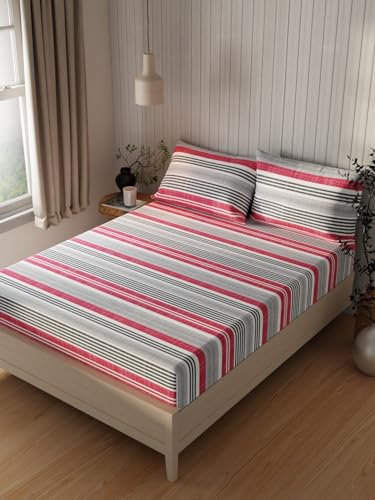 Image of KOPA Extra Smooth Cotton Double Bedsheet with 2 Pillow Covers -3pc Set (Lopez) | Extra Smooth Cotton | 1 Double Bedsheet with 2 King Size Pillow Covers Stripe-red /Grey