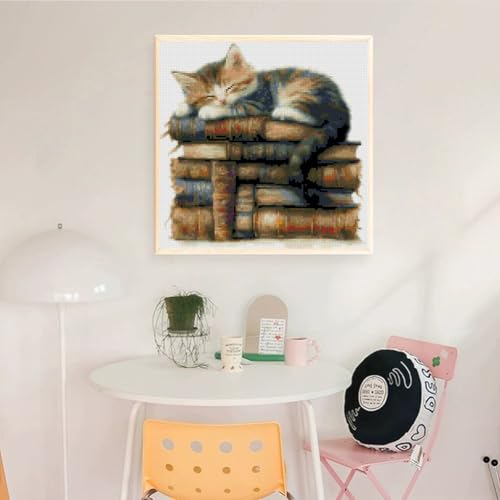 Image of KYOQFVN Cat Counted Stamped Cross Stitch Kits for Adults, 11 CT Stamping Cross Stitch Kit, Animal Needlepoint Cross-Stitch Patterns Dimensions for Home Decor 14x14 Inch