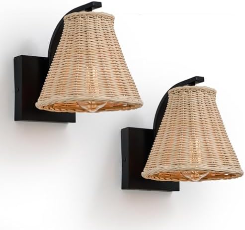 Rattan Wall Sconce Set of Two, Boho Wrapped Wall Light Fixtures with ...