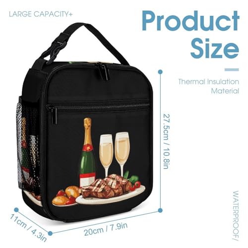 Steak Chicken Champagne Dinner Printed Backpack with Lunch Box Bag Pencil Case Pouch 3pcs Daypack Set for Women Men4