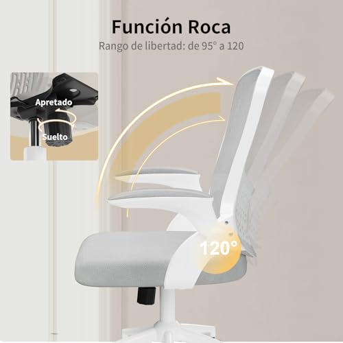 Miniatura 5 de Naspaluro Silla De Oficina Ergonómica, Silla De Escritorio Con Reposabrazos Abatibles, Regulable En Altura, Función Inclinable, Respaldo Transpirable, Silla Giratoria 360 , Gris