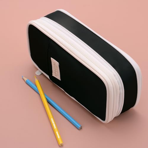 Image of Large Capacity Big Special Cute Aesthetic Preppy Canvas Pencil Case Organizer Holder Pouch Bag with Zipper Compartments, Pen Cases for Women Girls School Adults (Black)