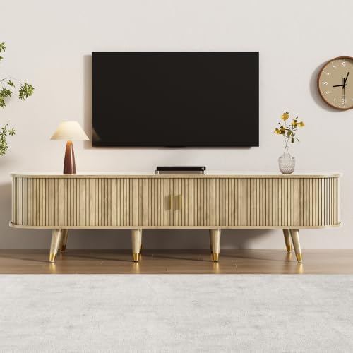 Merax Country-Style TV Cabinet with Sliding Door – Natural Light Wood TV Stand Cabinet with Open Shelves, Drawers, and Storage – Elegant Gold Accents for Living Room — image 1