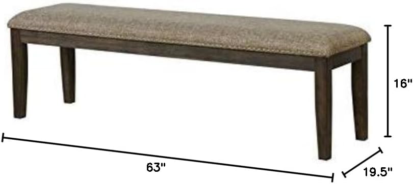 BOWERY HILL Transitional Wood Dining Bench, 63" W x 16" D x 19.5" H, Espresso Finish, Warm Gray Upholstered Padded Seat, Nailhead Trim, Tapered Legs, Kitchen or Dining Room Seating