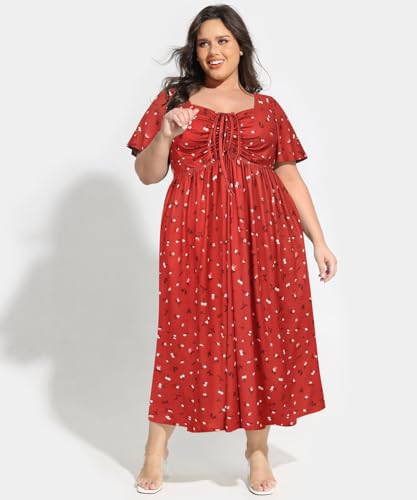 Image of CARCOS Plus Size Dresses for Curvy Women Tie Sweetheart Neck Summer Maxi Dress Short Sleeve Empire Waist Floral Boho Dress