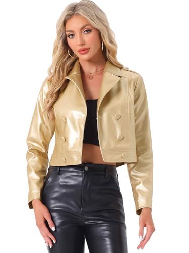 Allegra K Metallic Jacket for Women's Double Breasted Notch Lapel Disco Party Shiny Holographic Jackets