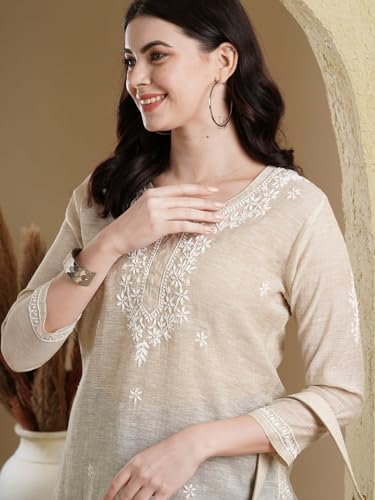 Image of Ada Women's Cotton Straight Fit Straight Hand Embroidered Lucknowi Chikankari Khadi Short Kurti Top A911388 Fawn