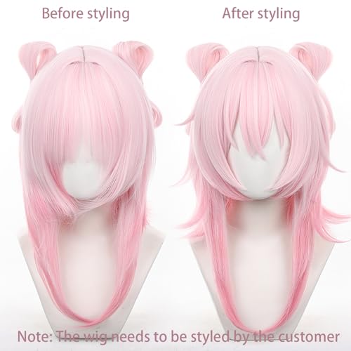 Image of Anime Pink Wigs with Bangs Long Straight Wig Pre-Made Bow March 7th Adult Game Cosplay Wigs Halloween,Christmas,Comic con,Game Show,Party