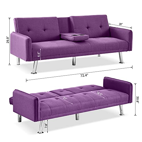 Lamerge Futon Sofa Bed,Convertible Upholstered Folding Sofa,Multi-Functional Sofa Couch For Compact Small Space,Apartment,Dorm,2 Cup Holders,72.4",Purple #TOP2