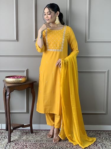 Image of Naixa Women's Viscose Embroidered Straight Kurta with Viscose Pant and Silk Blend Printed Dupatta Sets (NK-430)