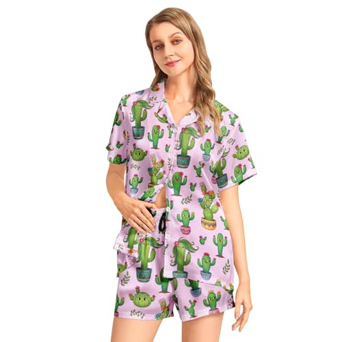 Image of Funny Pajamas for Women Set Print Satin Loungewear Pjs Short Sleeve Button Down Top and Shorts Sets Sleepwear XS-3XL