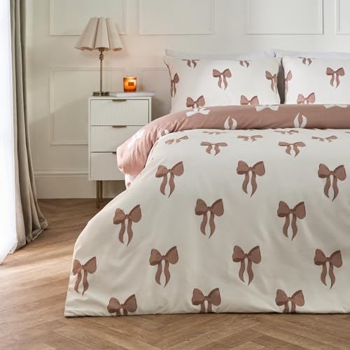 OHS Bow Bedding Gifts for Women Super Soft Warm Cosy Bow Print Single Duvet Cover Set Girls Comfy Microfibre Reversible Single Bedding Set with Pillowcase Ivory/Mink