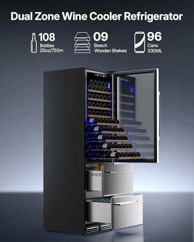 Image of Upstreman Wine and Beverage Refrigerator, 24 inch Dual Zone Wine Cooler