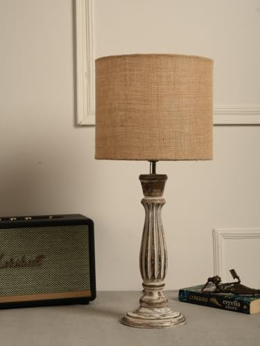 Image of Green Girgit Athens Wooden Lamp in Distress White Color with Jute Brown Shade, Farmhouse Table Lamp with Burlap Shade, Distressed White Base, Vintage Style (LED Bulb Included)
