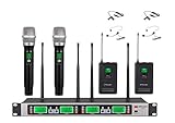 GTD Audio UHF 4 x100 Selectable Frequency Channels 2 Hand-held Wireless 2 Lavalier Lapel Headset...