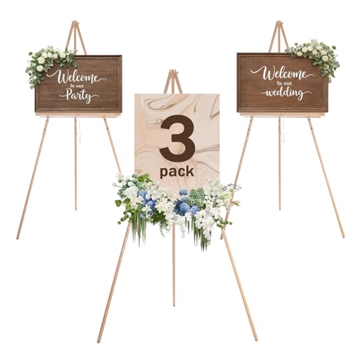 DJAR 3 Pcs 63" Wooden Easel Stand for Sign, Dual-use Adjustable Height, Wood Floor Display Easel for Wedding, Welcome Board, Poster, Picture, Photo- Natural