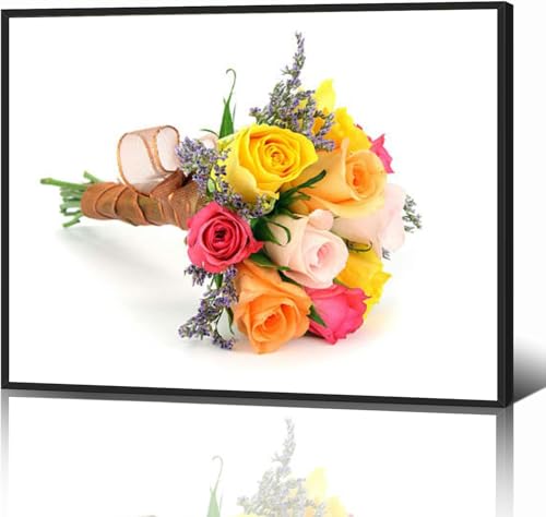 Colorful bouquet posy stems wrapped ribbon Black Framed Canvas Wall