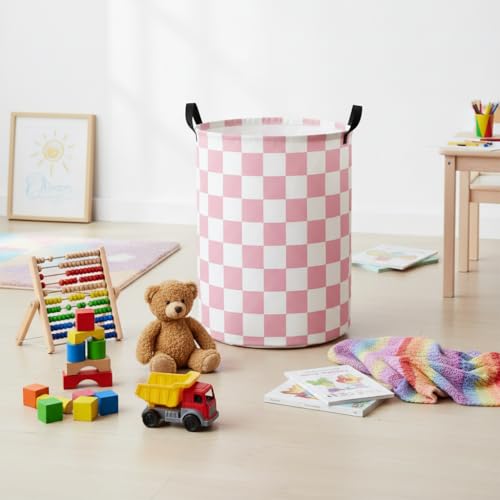 Image of Baby Laundry Hamper Basket Baby Hamper for Nursery Boy and Girl Cute Storage Bin Organizer Boho Room Decor(Pink Checkered)