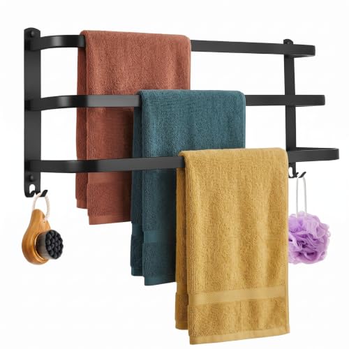 Sampoes Wieszak na ręczniki bez wiercenia, 60 cm, aluminiowy, 3-poziomowy wieszak na ręczniki z 2 haczykami, wodoszczelny, do łazienki, kuchni, czarny