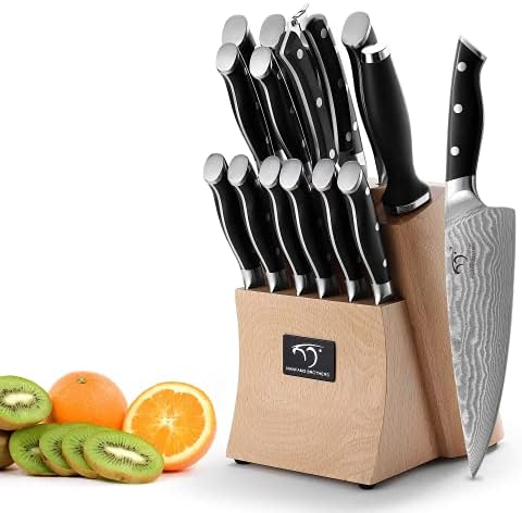 Damascus Kitchen Knife Set 15pcs,Chef Damascus Knives Set 67 Layers VG10 Damascus Steel, Japanese Professional Kitchen Sharp Knife Set Damascus with Beechwood Knife Block